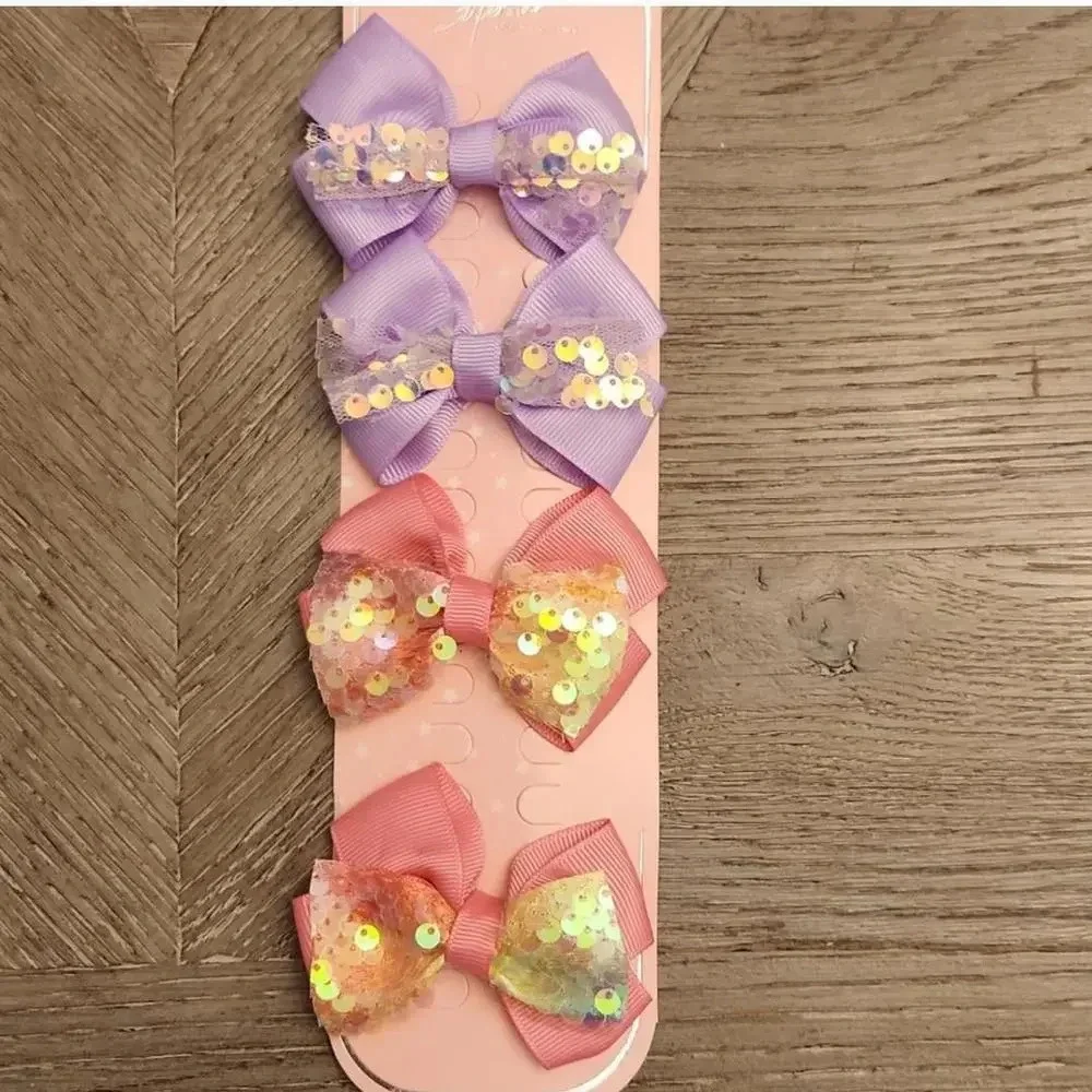 NWT Pink and Purple Ribbon Bow Sequin Girl Hair Clips Set of 4